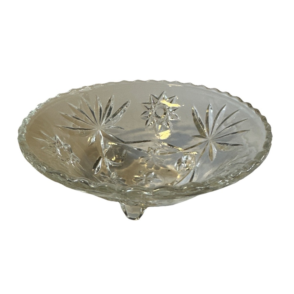 Vintage Pressed Clear Glass‎ Footed Bowl Starburst Floral Pattern Scalloped Edge